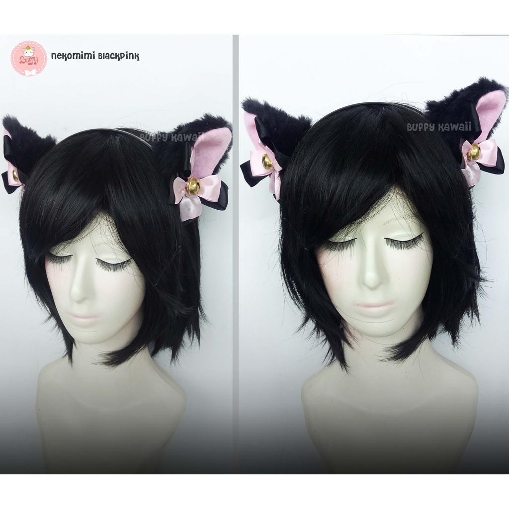 Bando kucing nekomimi pita tumpuk black pink hair accessories cosplay fashion kawaii cat ears bell