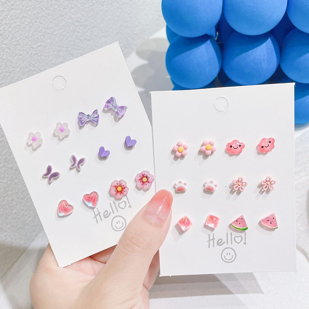 AY(CN) Set Anting Stud Desain Bunga Kupu-Kupu Hati Aksen Mutiara Warna-Warni Untuk Wanita