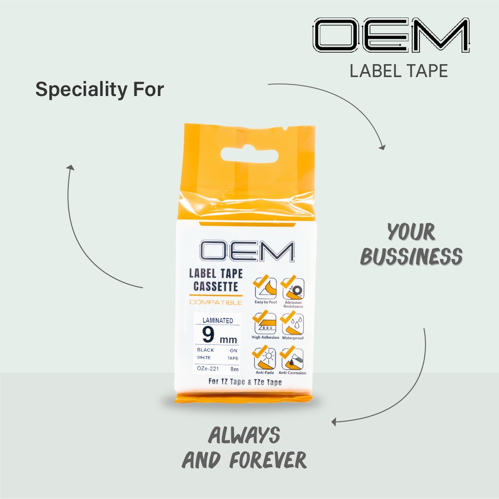 OZe-221 OEM TAPE LABEL 9mm Black On White FOR USE ON BROTHER PTOUCH
