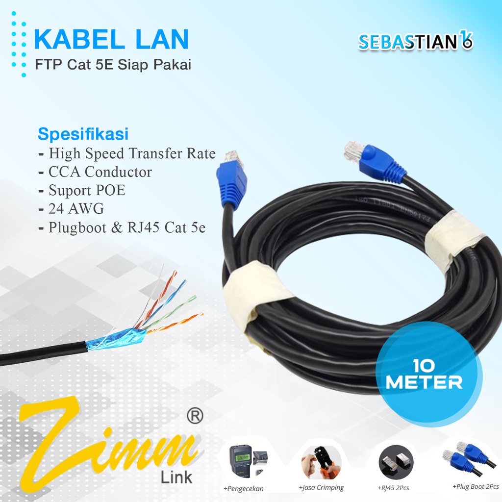 kabel lan 10 meter stp ftp cat 5e outdoor cca zimmlink siap pakai 10m terpasang plug boot dan rj45 k