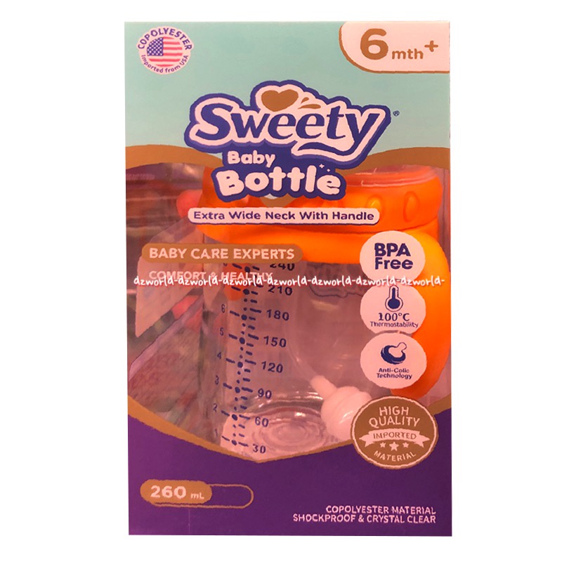 Sweety Baby Bottle 260ml Extra Wide Neck with Handle 6Month+ Gelas Botol Belajar Minum Dengan Tangkai Pegangan Anak Bayi Swety Switi Orange