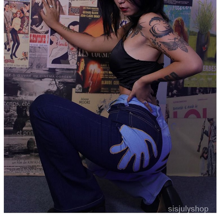 #Sisjuly# Celana Jeans Pinggang Tinggi Wanita Sablon Kontras Retro Tipis Wanita Celana Kaki Lebar Ti