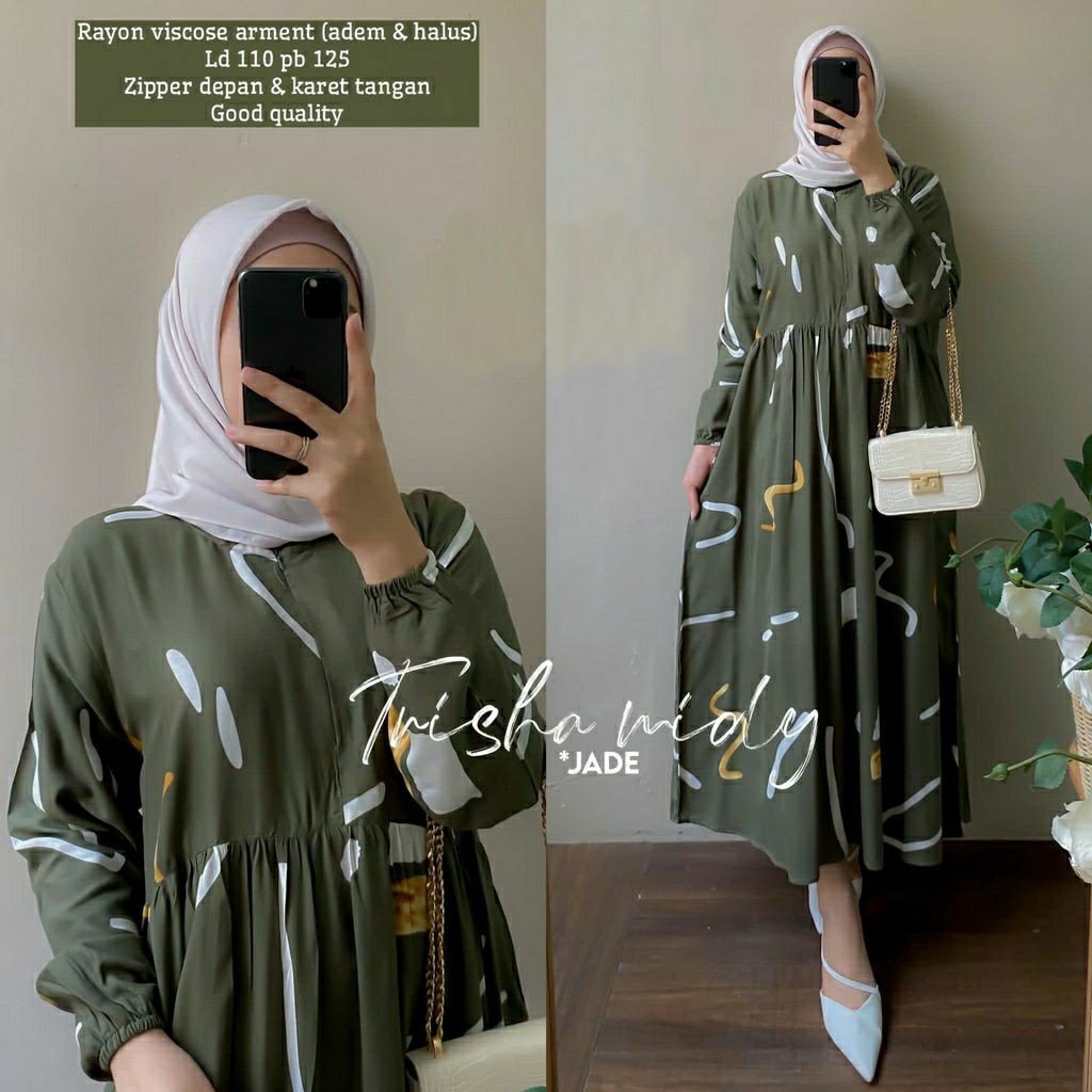 TRISHA MIDI DRESS MOTIF JADE / MIDI DRESS JUMBO FIT M TO XXL / GAMIS KATUN RAYON PREMIUM ORIGINAL / 