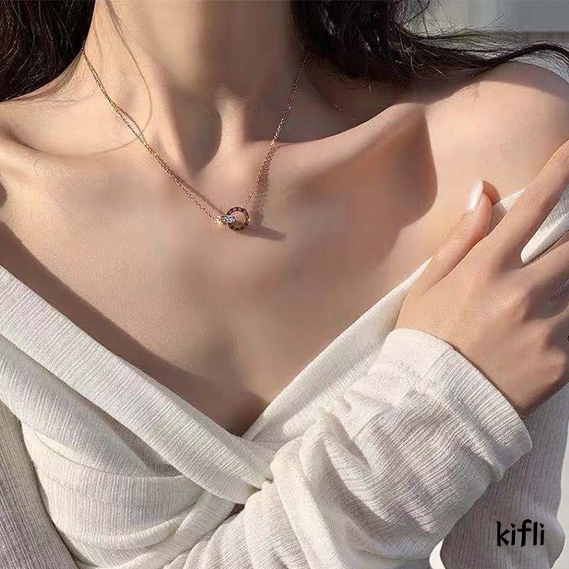 Kalung Model Cincin Ganda,Bahan Titanium Steel,Tidak Pudar Dan Alergi,Rose Gold