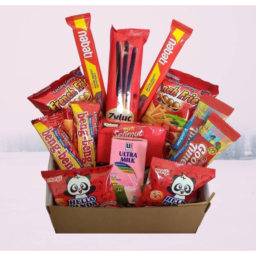 

Hampers snack murah / hampers snack box / edisi merah / gift / snack / box