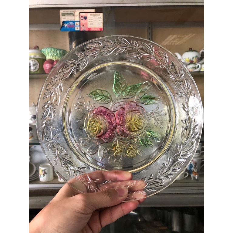 Piring  Kaca Bening Cantik Motif Bunga