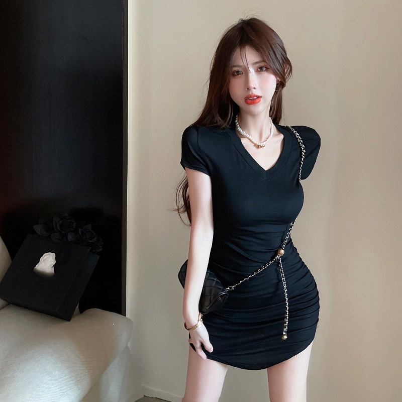 Mini Dress Rose Merah Pinggang Gaun Lengan Pendek Wanita Musim Panas Gadis Panas Seksi Temperamen Le