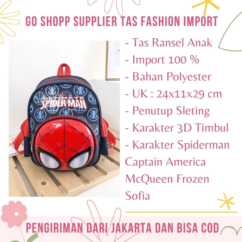 Tas Sekolah Anak Import Premium High Quality Terbaru - Tas Ransel Anak Motif Karakter 3D Timbul -  Tas Ransel Anak Sekolah SD - Tas Anak Karakter Frozen Elsa - Tas Anak Karakter McQueen - Tas Anak Karakter Spiderman - Backpack Anak Sekolah Unisex [BK17]