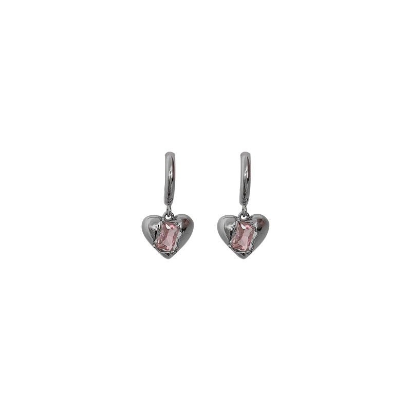 Anting Hoop Silver 2k Bentuk Hati Hias Batu Permata Pink Untuk Wanita