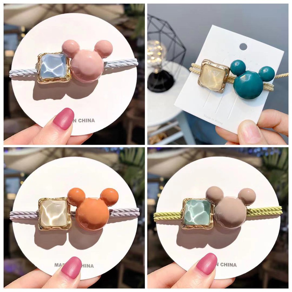 Ikat Rambut Elastis Bentuk Mickey Persegi Aksen Berlian Imitasi Gaya Korea Untuk Wanita