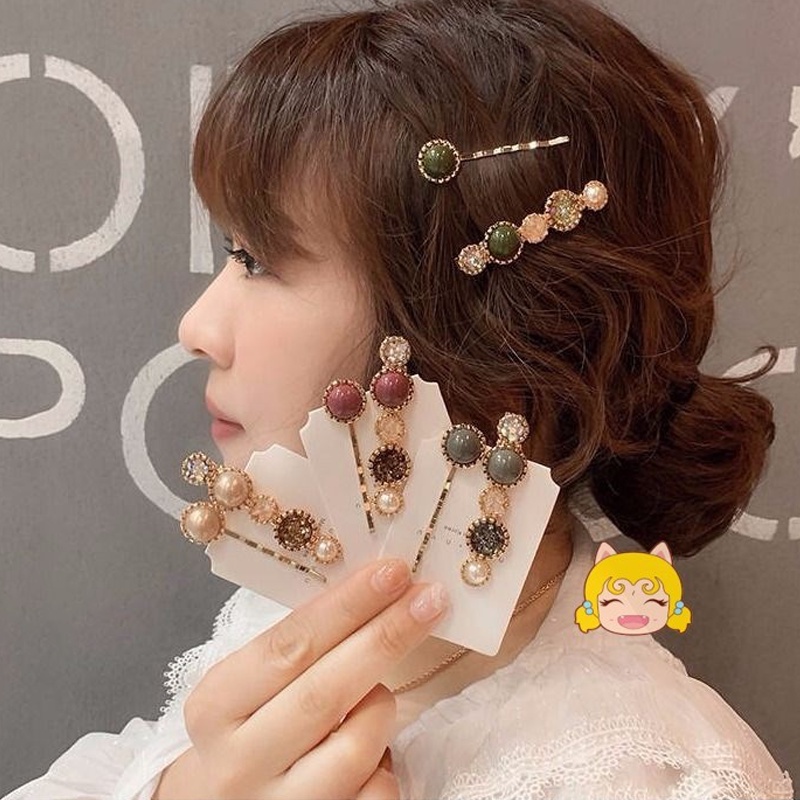 2pcs / set Jepit Rambut Mutiara Bulat Warna Ungu pink Hijau Coklat Untuk Wanita