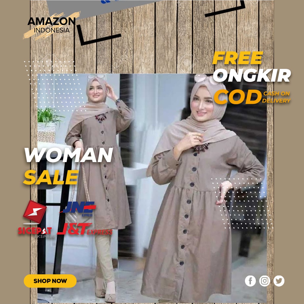 TUNIK STYLE CASUAL FASHION WANITA MUSLIM MODEL PANJANG KANCING PAKAIAN ATASAN WARNA CREAM BAHAN KAIN KATUN