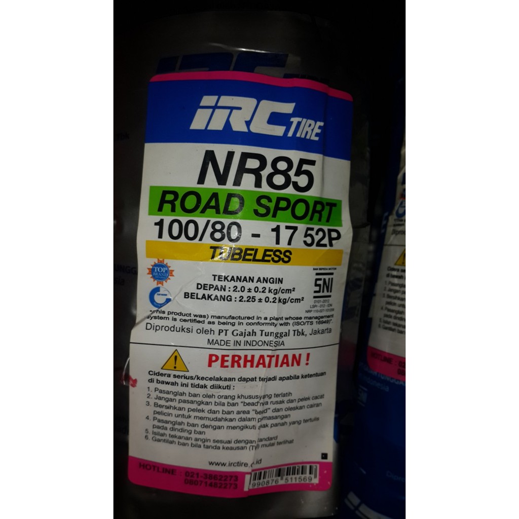 Ban IRC TUBELESS 100 80 17 Bagus