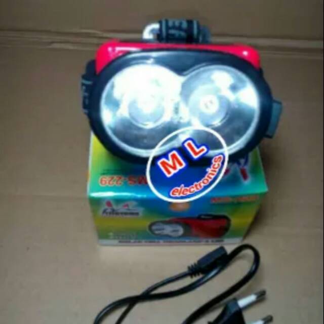 Senter kepala 2 LED cahaya kuning / putih + panel surya