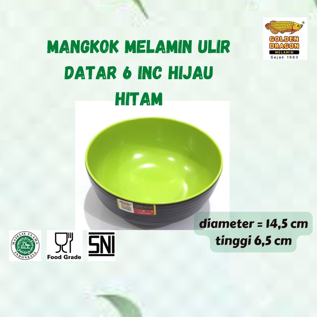 Mangkok Melamin Ulir W06A5 Datar 6 inc Hijau Stabilo Hitam Golden Dragon | Mangkok Jepang