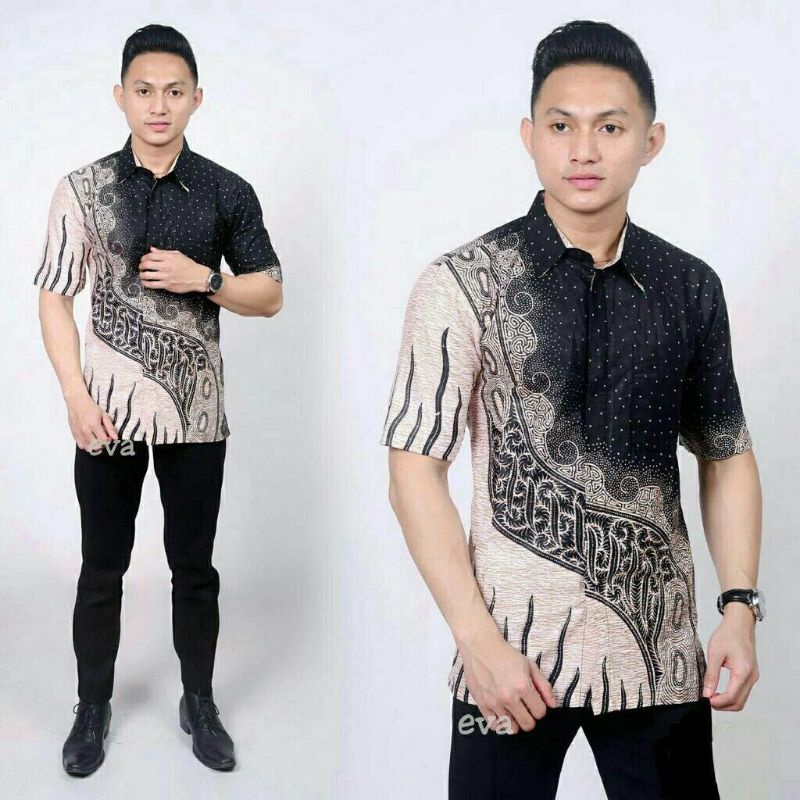 Batik Pria Lengan Pendek HRB026 Kenongo Hem Padi Pekalongan M L XL Batik Pria MURAH Modern Grosir