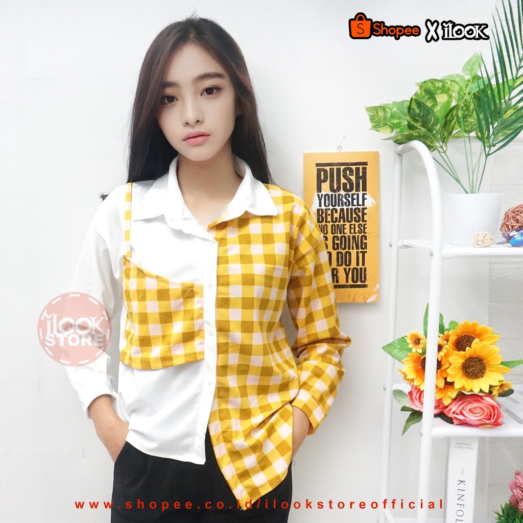 ilook | Lucky Top Blouse Weona | Chess Playfull Assymetrical Top | Blouse Wanita Bahan Creap | Blouse Weona | Motif Kotak