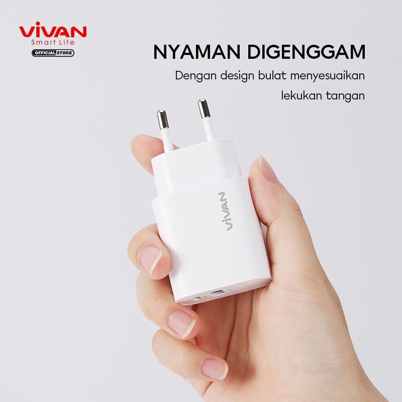 Charger VIVAN Power Turbo 18 Dual Output Port 3A USB-A &amp; Type C 18W PD Quick Charge &amp; VOOC Flash Charge Garansi 1 Tahun