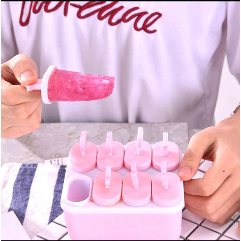 Cetakan Es Krim Es Loli DIY 8 Kompartemen Cetakan Es Batu Silikon Penutup 8 Kotak Ice Cube Tray Cetakan Es Batu Cetakan Es Krim Stik Loli jkrt