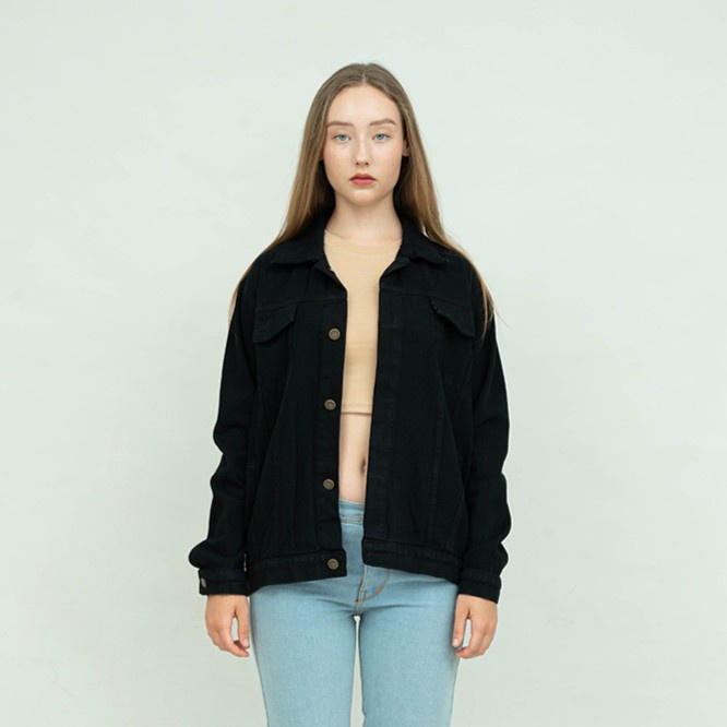 Houseofcuff Jaket Jeans Wanita Polos Tebal Jaket Denim Hitam unisex