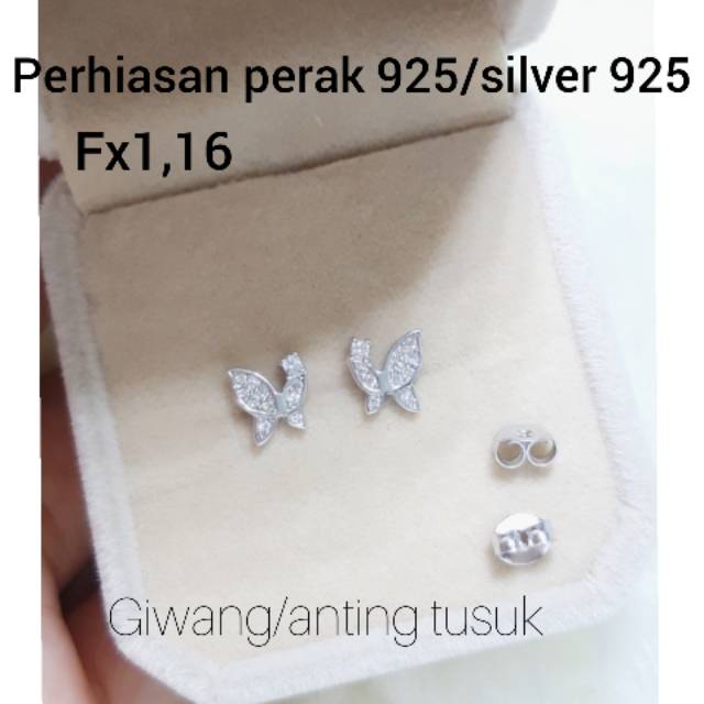Giwang kupu² mata /anting tusuk Perak asli 925 lapis emas putih