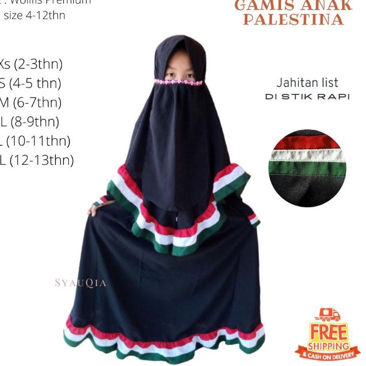 Diskon Promo HLD GAMIS ANAK PALESTINA MOTIF RUFLLE FREE CADAR TALI / BAJU MUSLIM / BAJU ANAK PEREMPU