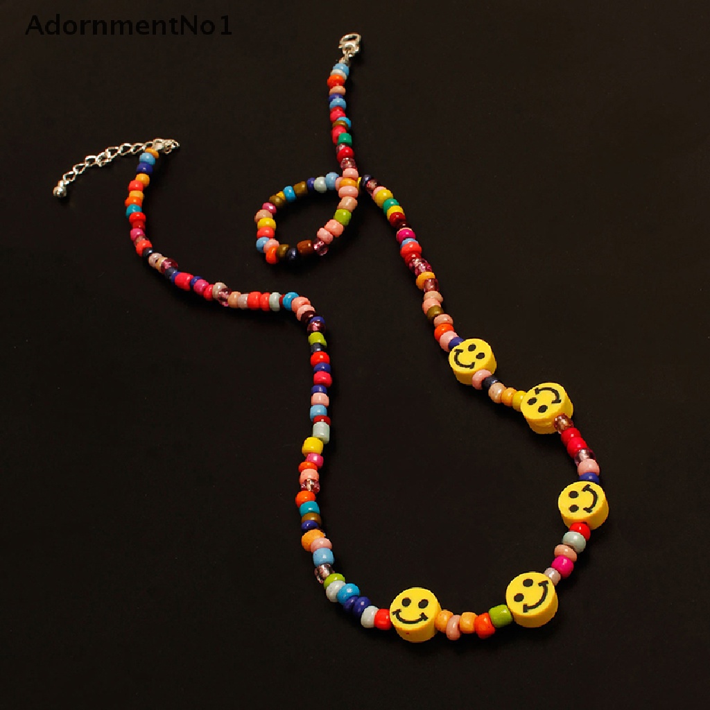 (AdornmentNo1) Kalung Choker Rantai Manik Pendan Smiley Face Warna Warni Gaya Boho