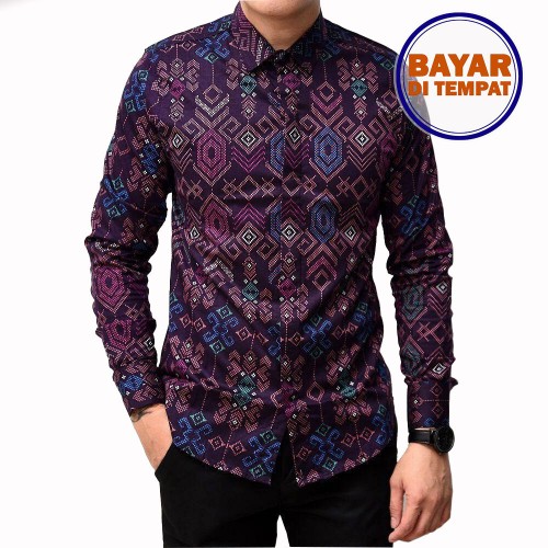 Maciku Kemeja Batik Motif Songket Lengan Panjang Warna Ungu 3634