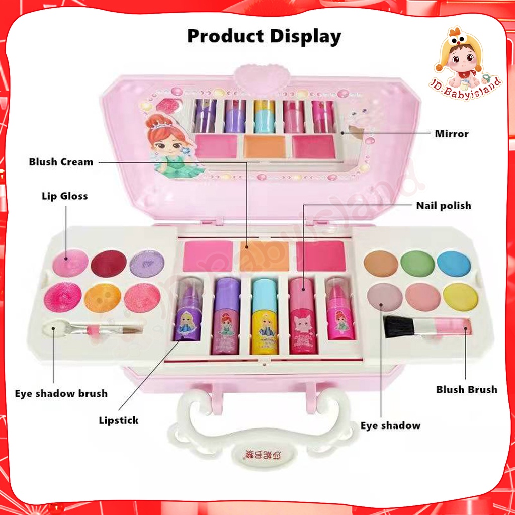 Mainan rias Rias Wajah untuk anak perempuan, kosmetik bayi non-toksik Kosmetik bayi, lipstik, perona mata, perona pipi, cat kuku, Kotak rias 22 IN 1 Bahan yang larut dalam air