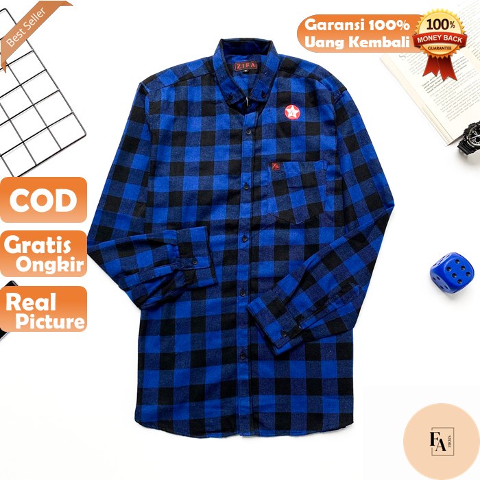 ZIFA Kemeja Hem Atasan Pria Flanel Kotak Kotak Hitam Biru Pria Cowok Cowo Laki Laki Lengan Panjang P
