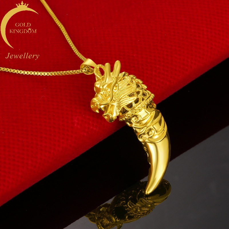 Kalung Emas Asli Kadar 375 Dengan Liontin Kepala Naga Gigi Serigala 3D Gaya Vintage