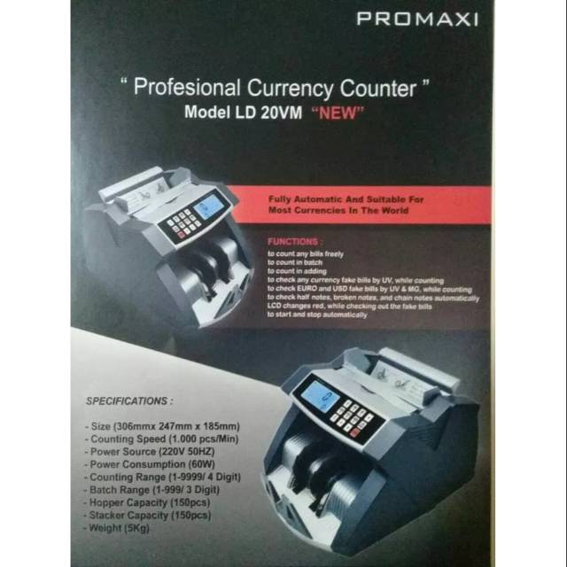 MESIN HITUNG UANG PROMAXI LD-20MG + EXT DISPLAY - MONEY COUNTER 20MG