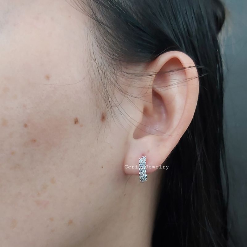 ANTING PERAK ASLI SILVER 925 LAPIS EMAS PUTIH JEPIT PERMATA 2 BARIS - PERHIASAN PERAK WANITA