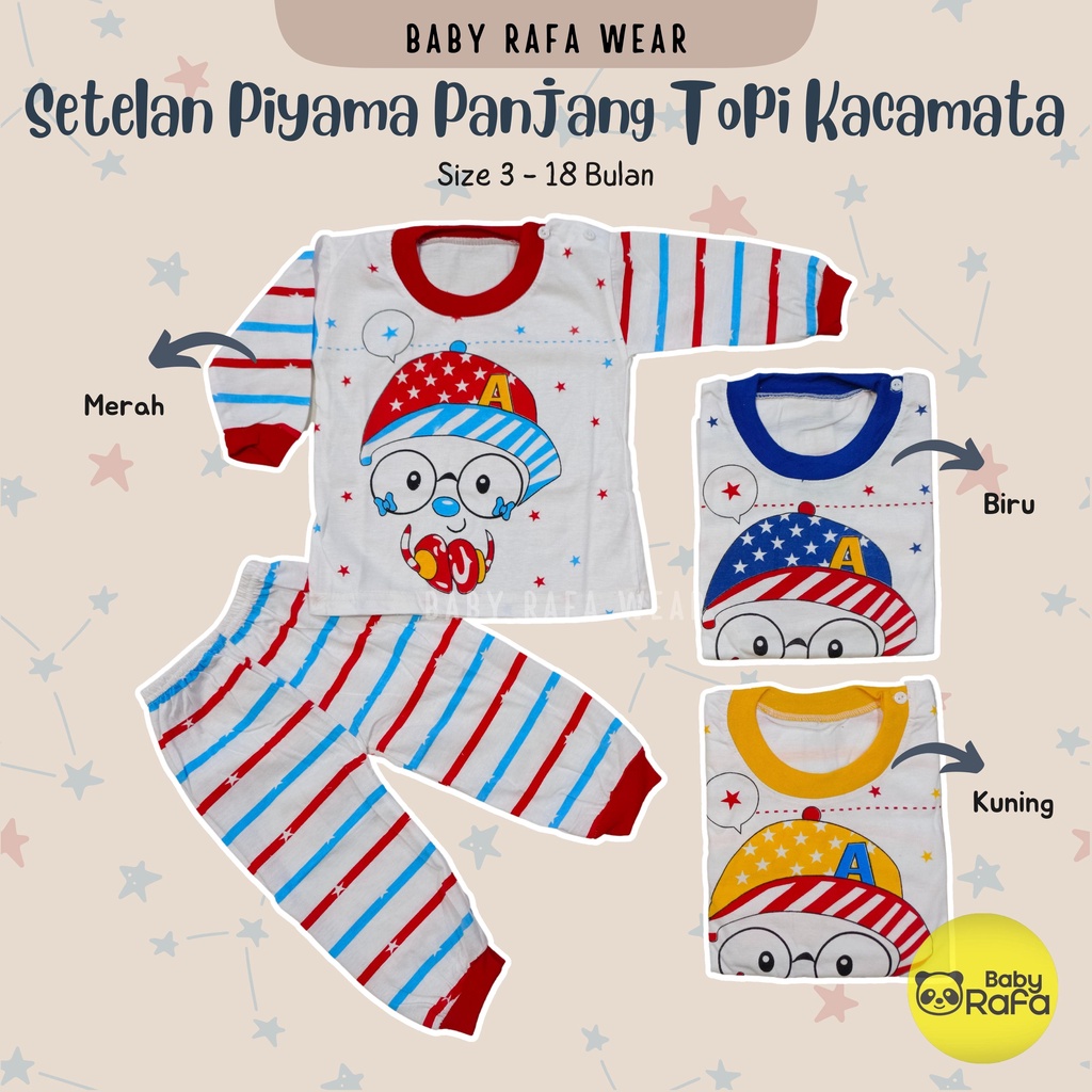 Setelan Piyama Baju Bayi Panjang 3 - 18 Bulan merk VIORI motif Topi Kacamata