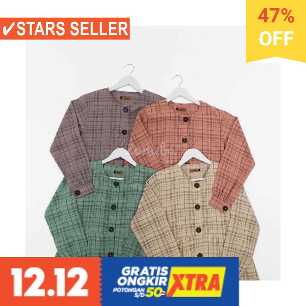 BAJU LEBARAN PAKAIAN MUSLIMAH SYARI BERGO BALOTELI / Gamis Zanuba Tartan Button Set