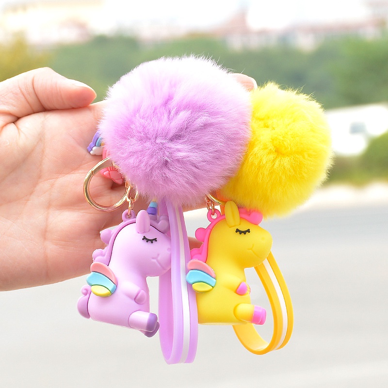 Unicorn Charms Ganci Keychain Pompom Halus Fluffy Gantungan Tas Unicorn Gantungan Kunci Unicorn