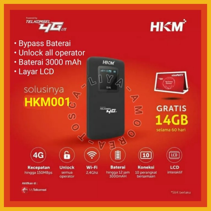 Miliki Modem HKM001 Mifi 4G Wifi Unlock BYPASS 3000mAh Free Telkomsel 14GB - HKM01 14GB Tsel Diskon