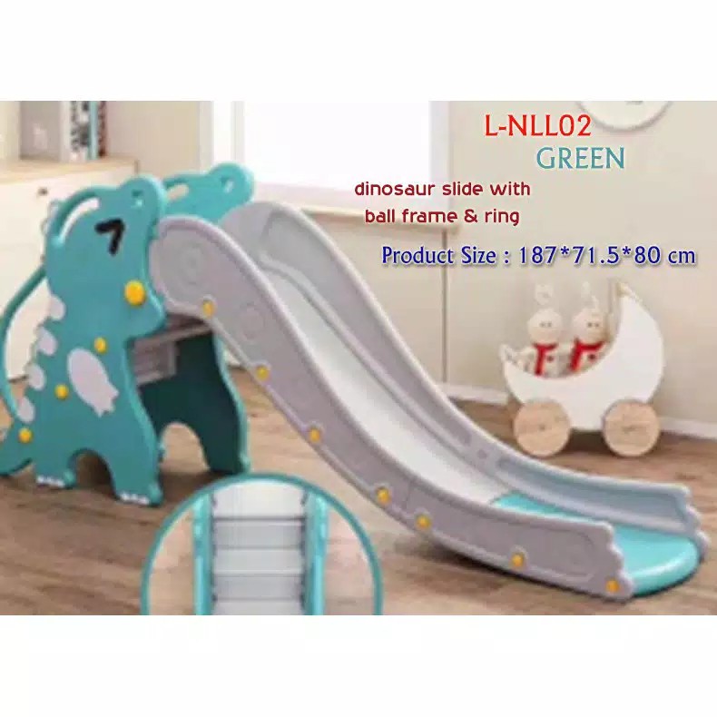 SELUNCURAN PROSOTAN PLURUTAN ANAK BAYI MAINAN MODEL DINO slide with ball frame and ring Original