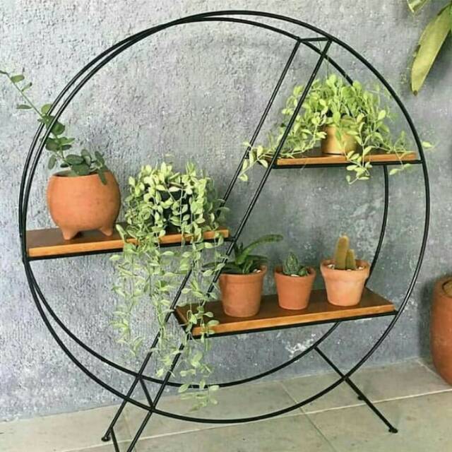 Rak Bunga Minimalis Besi - Rak Vas Bunga Hias Lingkaran 3 Susun Alas Kayu