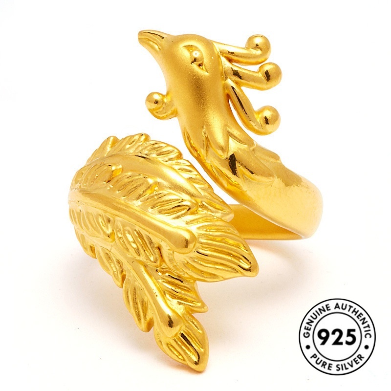 Cincin Model Terbuka Desain Phoenix Lapis Emas Bahan S925 Silver