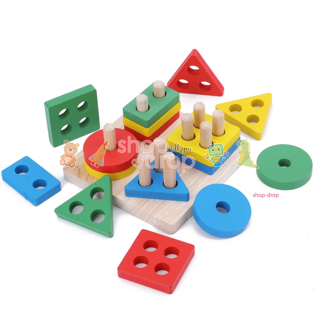 Mainan Edukasi Puzzle Geometri Kayu Board - Puzzle Kayu Balok - Puzzle Sortir Shape Rainbow Pastel