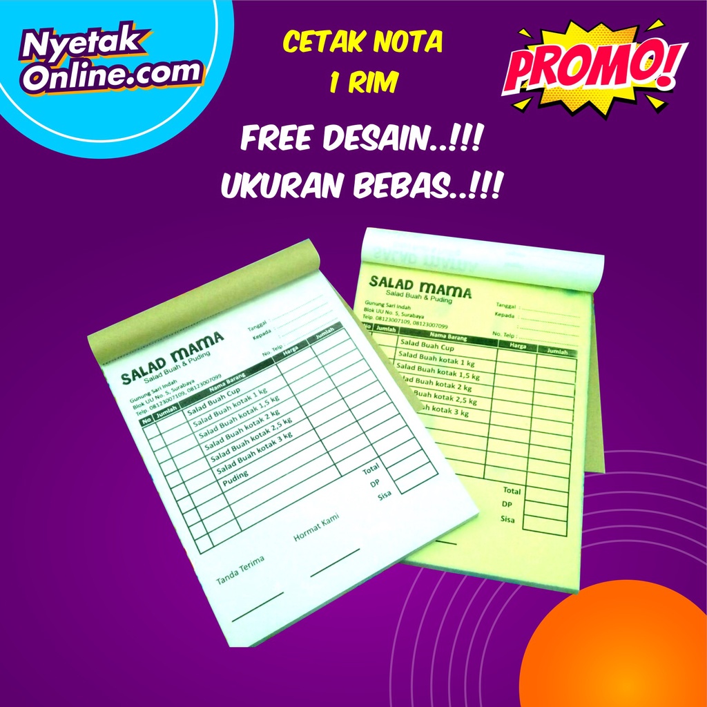 

Cetak Nota NCR 1ply Custom tinta 1 warna 1 rim Ukuran Bebas FREE DESAIN