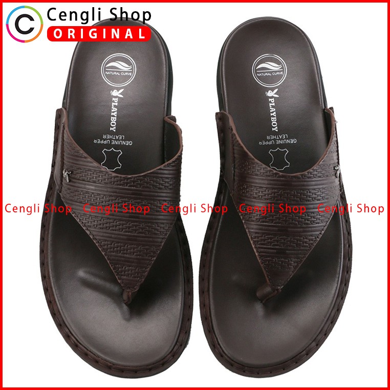 PLAYBOY SANDAL JEPIT KULIT CASUAL PRIA ORIGINAL TERBARU COKLAT PLC0