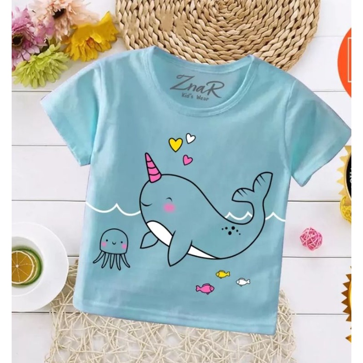 Baju bayi atasan kaos bayi usia 3-9 bulan-7 Biru Lumba Lumba
