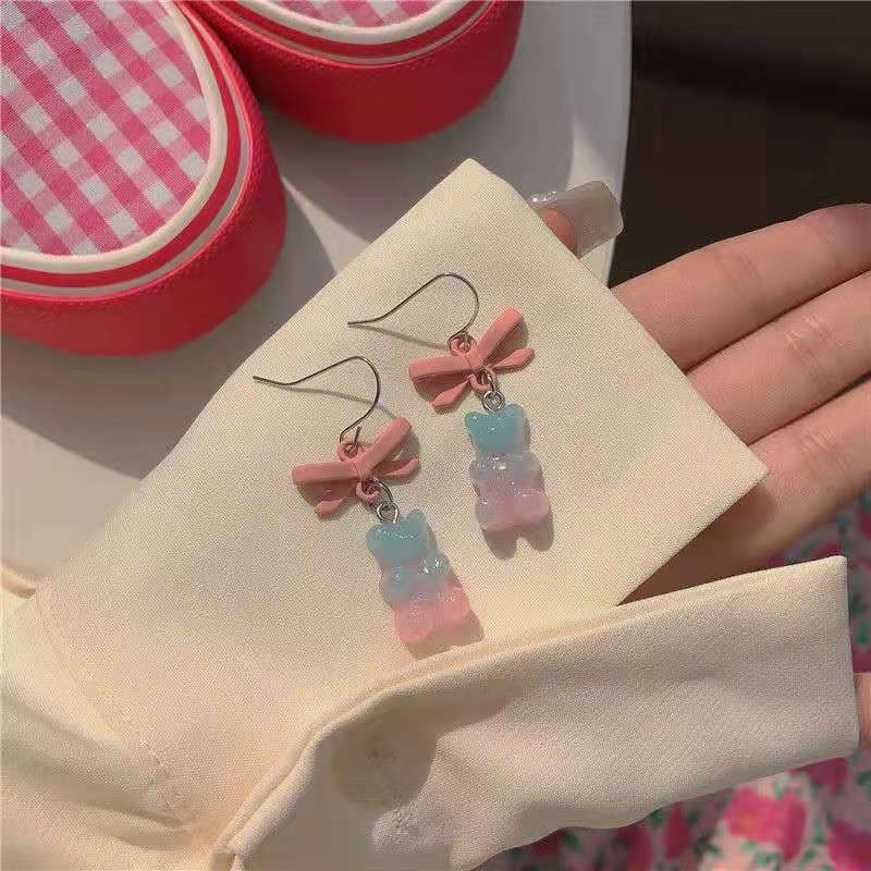 Buatan tangan ~ warna gradien bear anting-anting pink biru lembut gadis gaya Jepang kotak-kotak busu