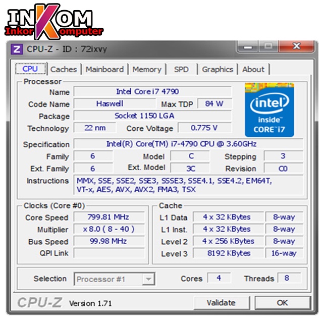 Processor Intel Core i7 4790 Haswell LGA 1150 PLUS FAN