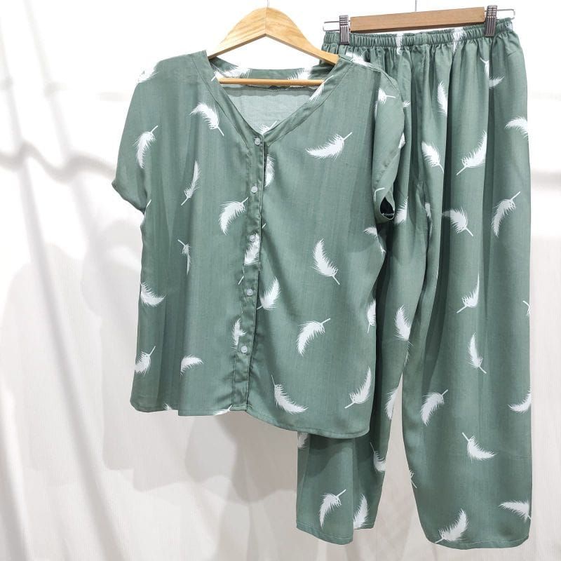 PIYAMA KANCING HITS NON KERAH/V-NECK PIYAMA KANCING BUSUI | PIYAMA RAYON | HOMEWEAR-NK AL