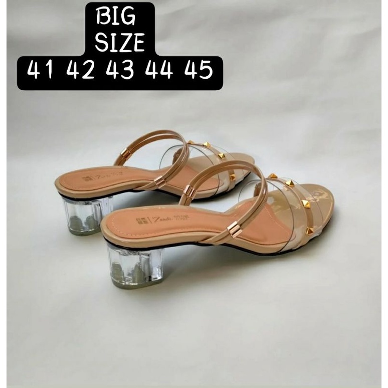 Sandal Makazi Wanita Big Size 41 42 43 44 45 / Slop Valentino Hak Kaca 5cm JUMBO Besar Heel Krem, 41