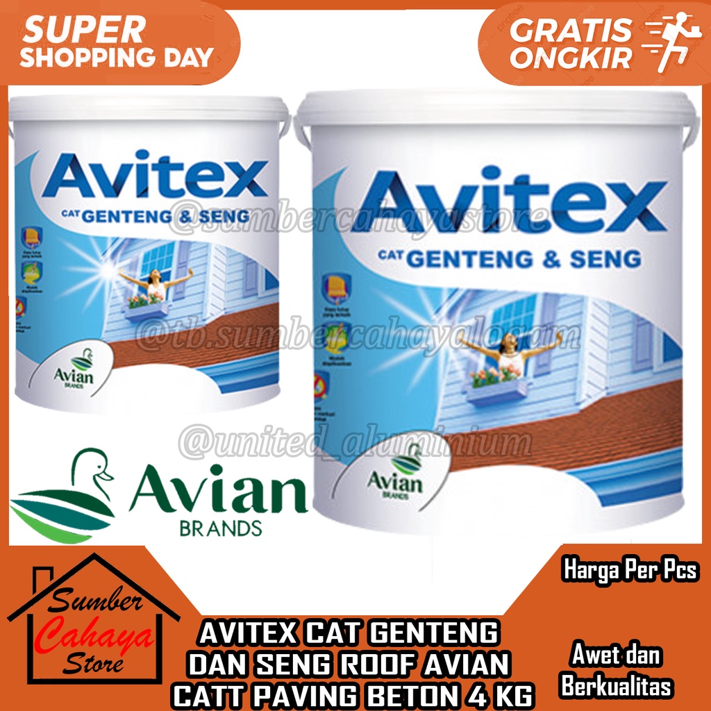 AVITEX CAT GENTENG DAN SENG ROOF AVIAN CATT PAVING BETON 4 KG 4KG WATERBASED CET ATAP ASBES GENTING 