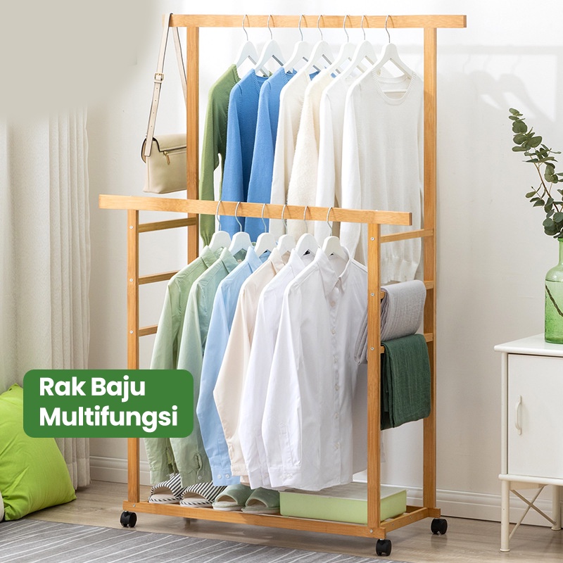 Greenland Rak Gantung Baju  Stand Hanger Double Rak Kayu  